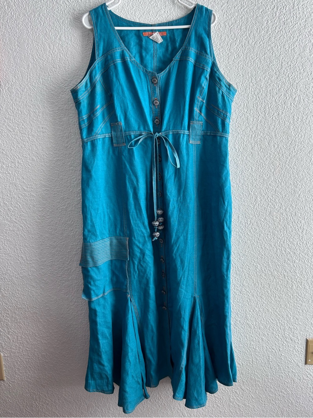 Alain Weiz 100% Linen Turquoise Full Button Front Maxi Dress Boho Southwestern